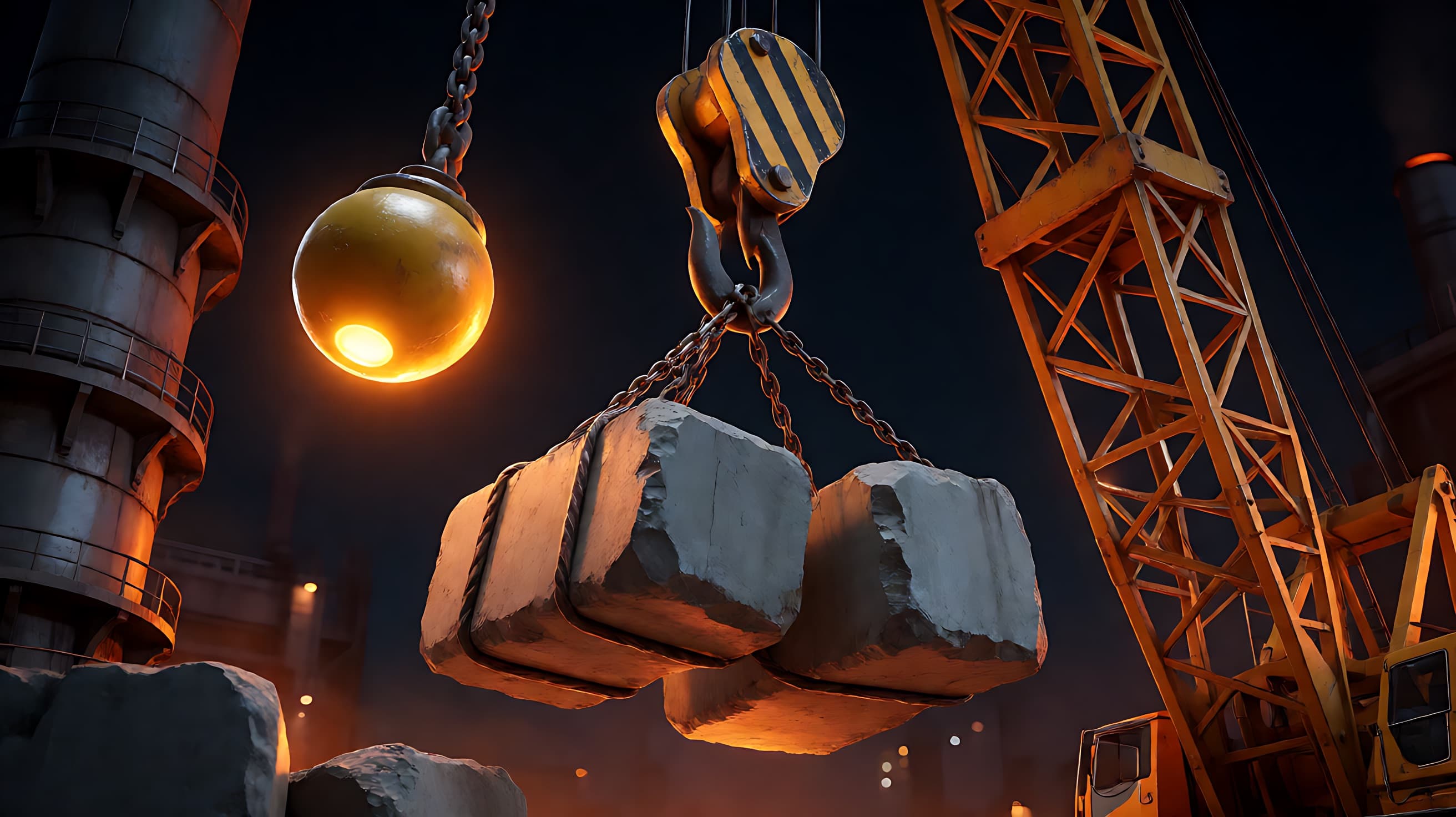 Crane hook lifting concrete blocks beside a glowing wrecking ball at night