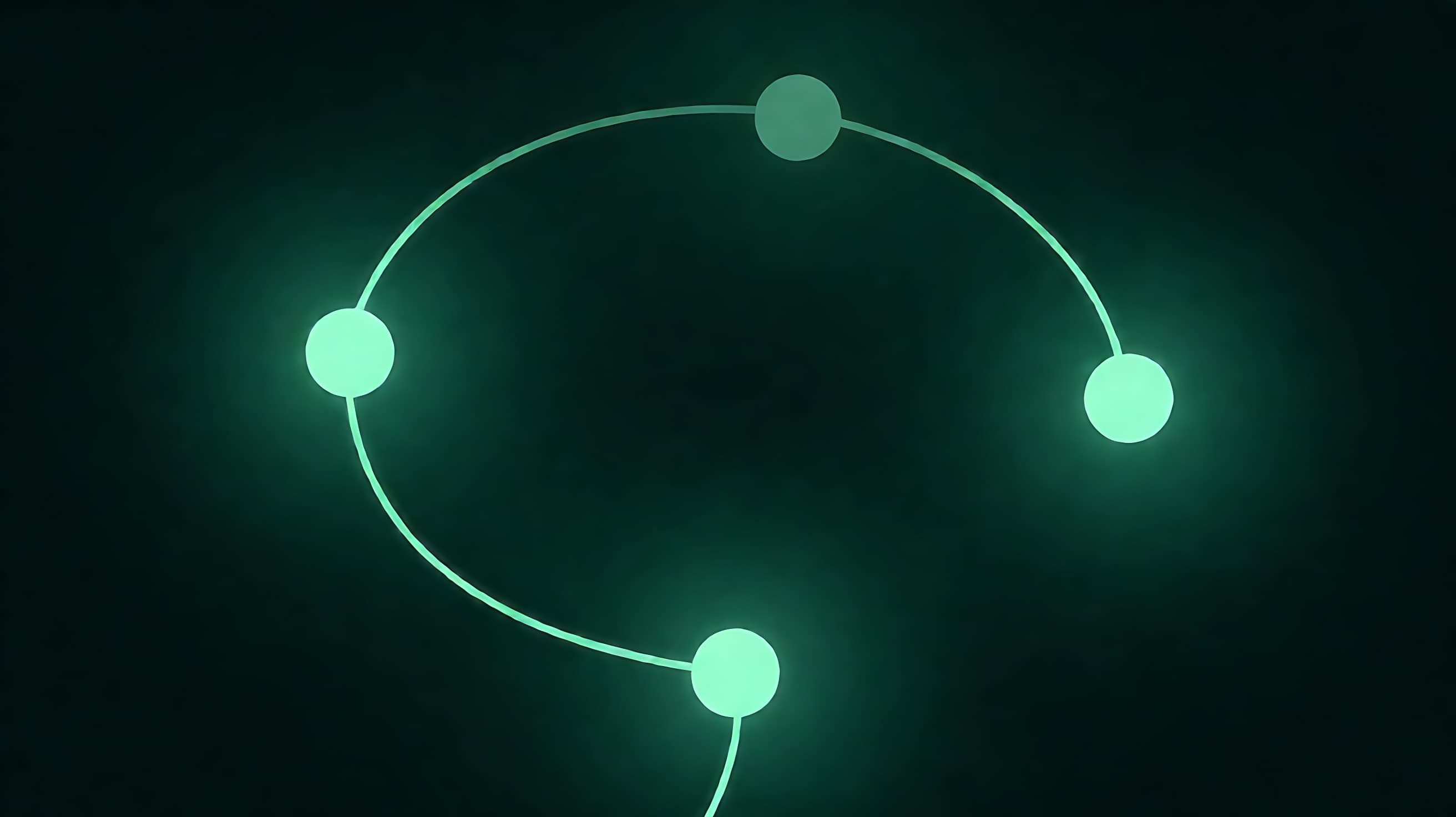Glowing green path flowing through three nodes on dark emerald