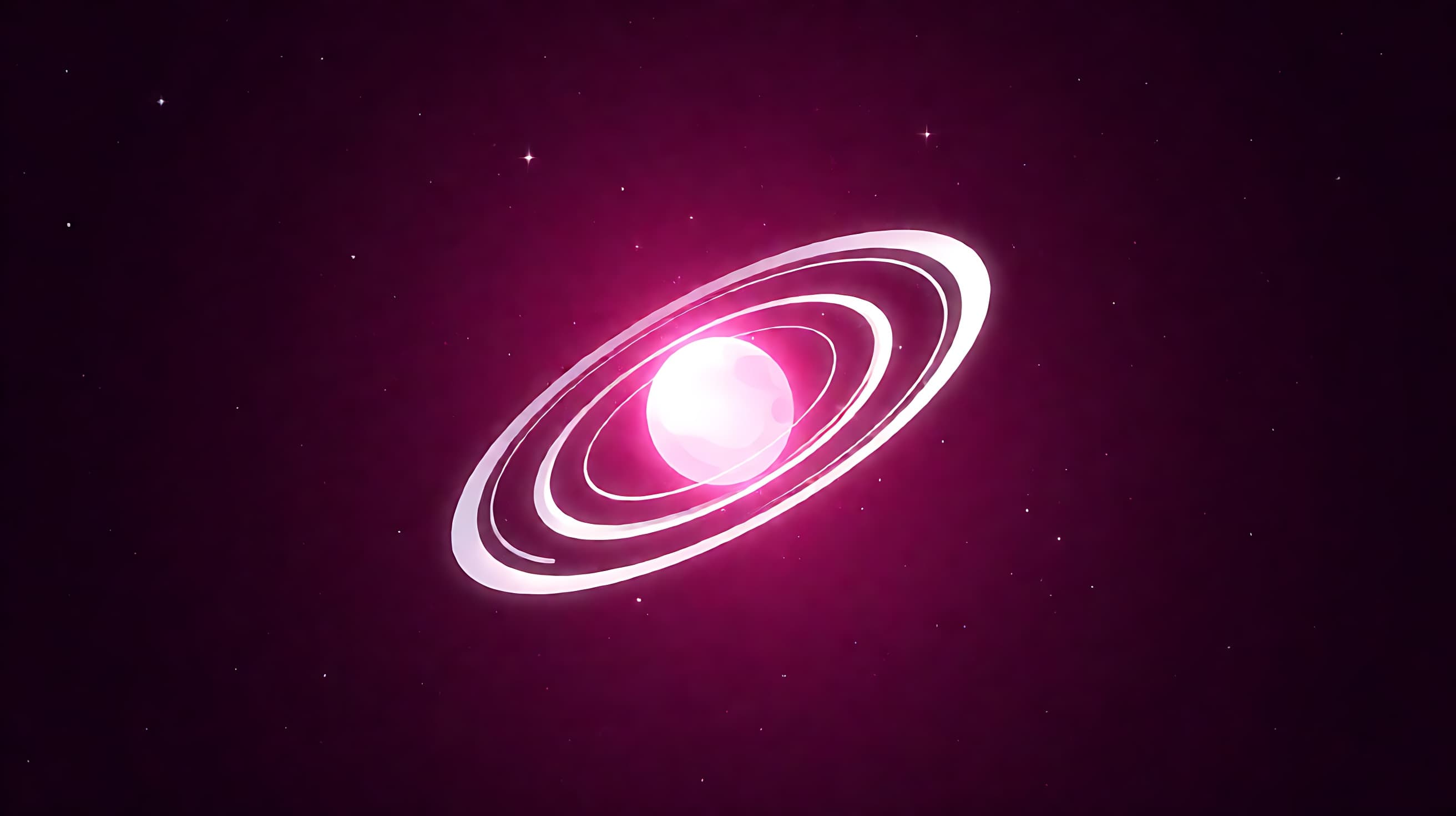 Glowing orbit rings around a bright core on deep magenta starfield