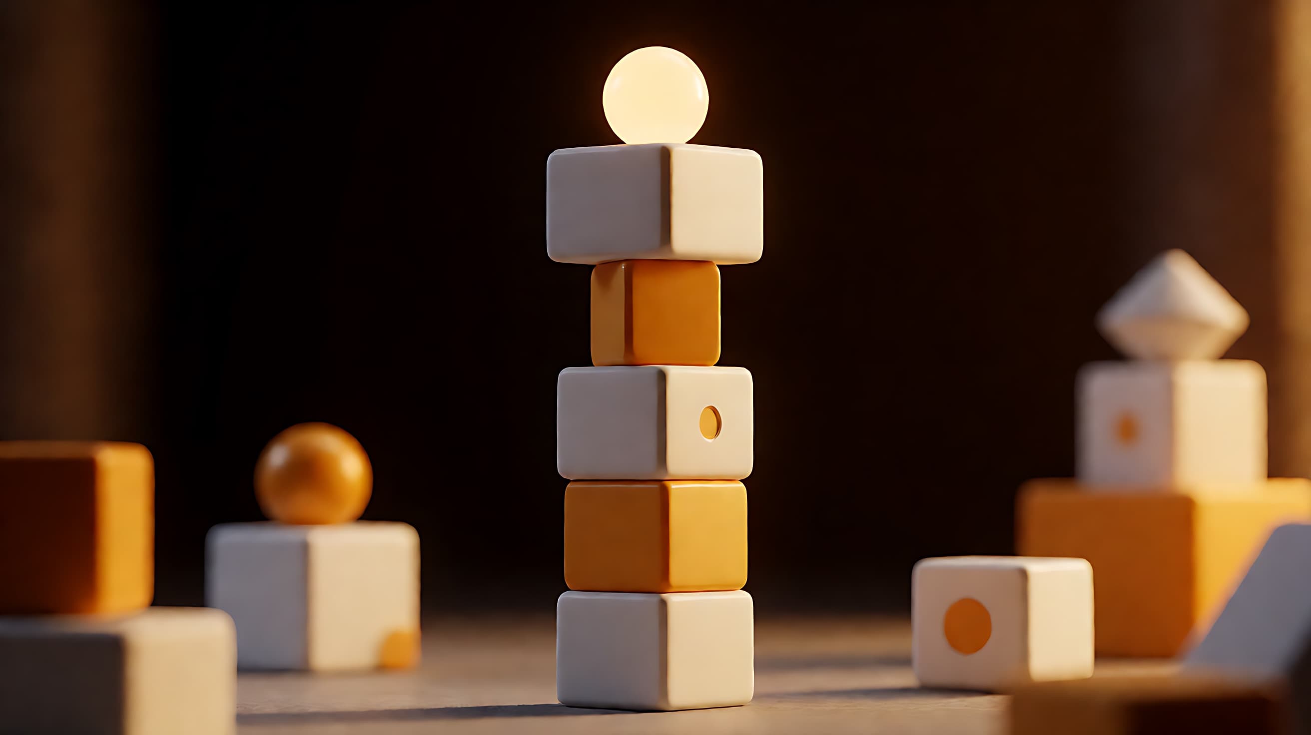 Balancing tower of white and amber blocks with a glowing ball on top